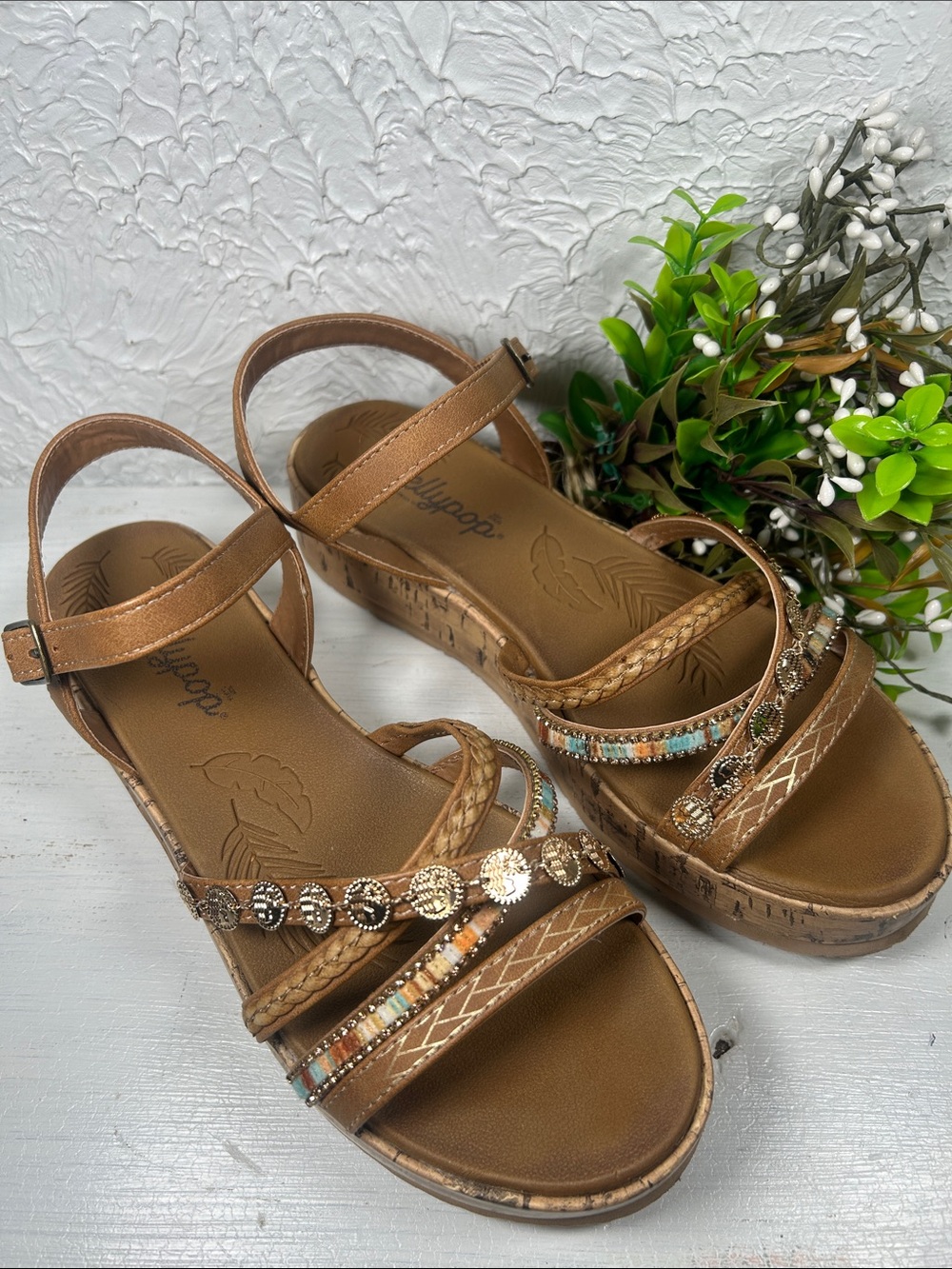 JellyPop Pierre Wedge Sandals Beaded Accents Stylish Cork Wedge Sandal - Picture 2 of 13